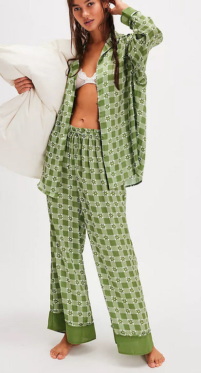 Women’s Pajama Set – Relaxed Fit – Button-Up Top – Wide-Leg Printed Pants
