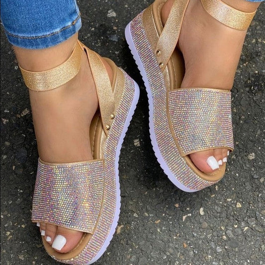 Women’s Platform Sandals – Chunky Sole – Rhinestone Strap – Buckle Closure