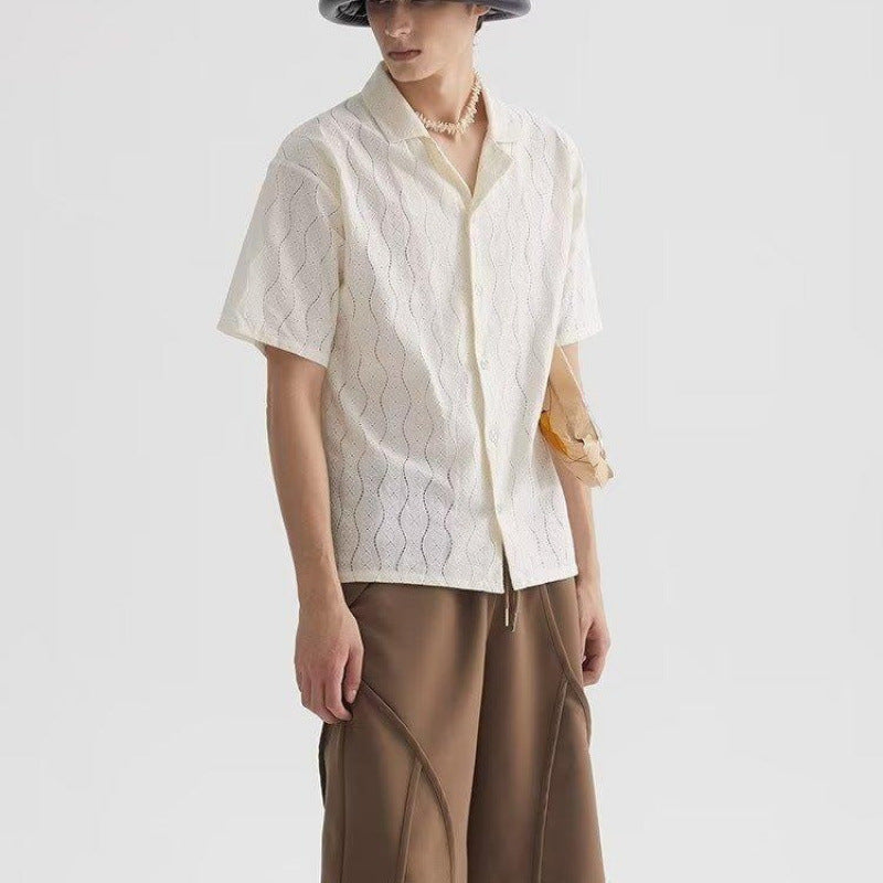 Men’s Short Sleeve Shirt – Cotton Blend Lace – Oversized Fit – Cuban Collar