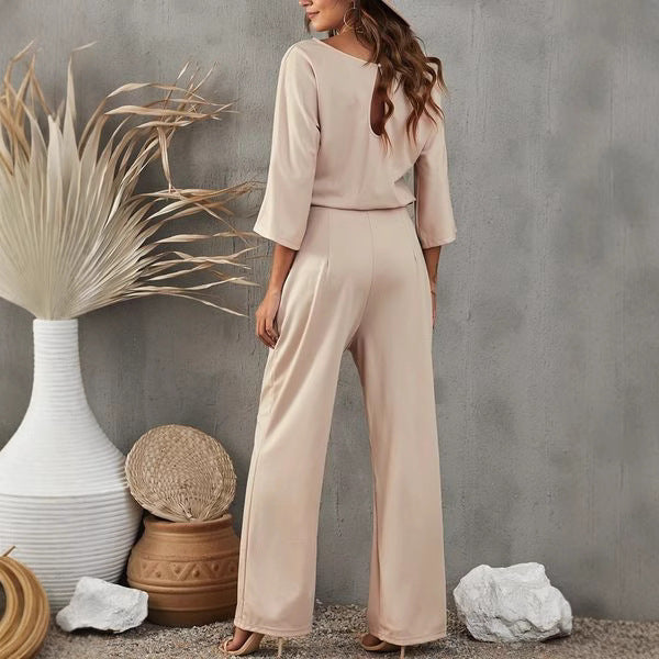 Women’s Jumpsuit – Relaxed Fit – Wide Leg – Breathable Fabric – Boat Neck – 3/4 Sleeve