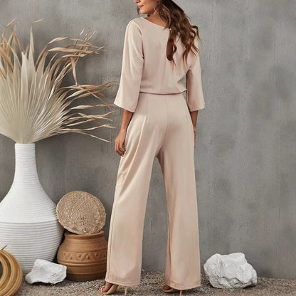 Women’s Jumpsuit – Relaxed Fit – Wide Leg – Breathable Fabric – Boat Neck – 3/4 Sleeve