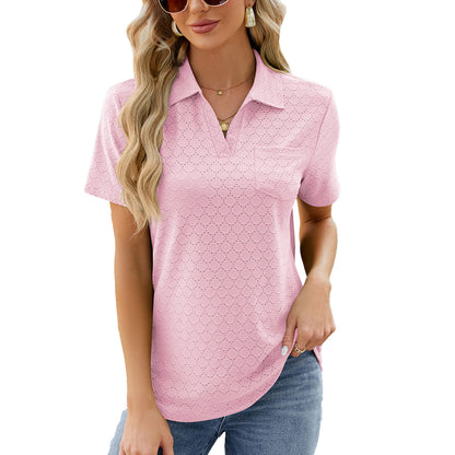 Women’s Polo Shirt – Relaxed Fit – Textured Knit – Open Collar – Chest Pocket