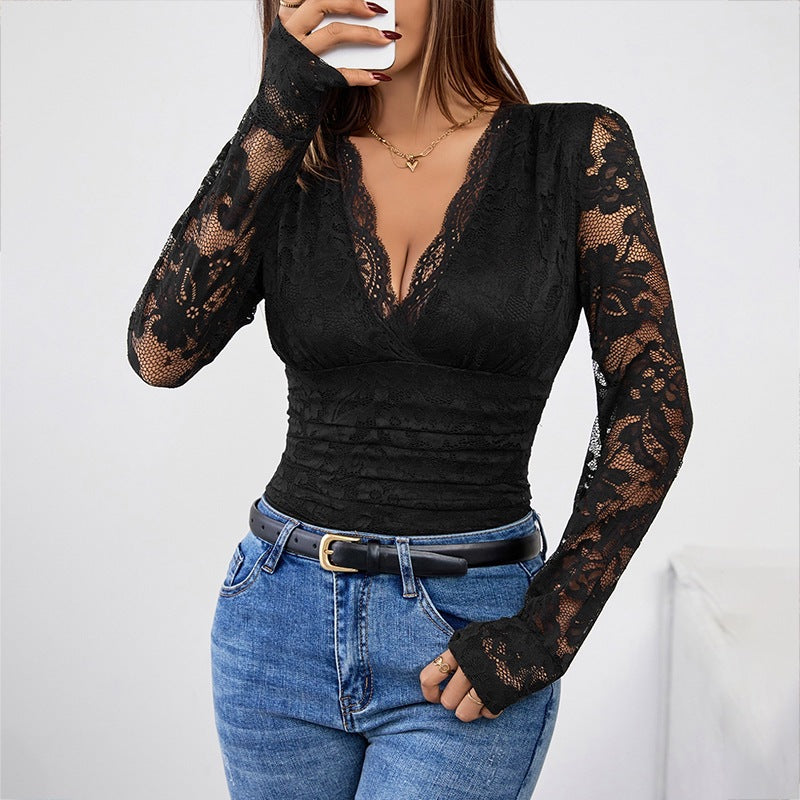 Women’s Lace Blouse – Slim Fit – Deep V-Neck – Long Sleeve Sheer Ruched Design