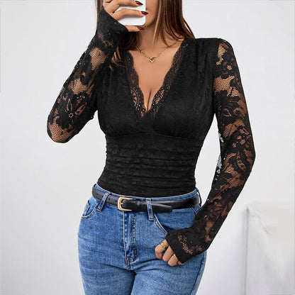 Women’s Lace Blouse – Slim Fit – Deep V-Neck – Long Sleeve Sheer Ruched Design