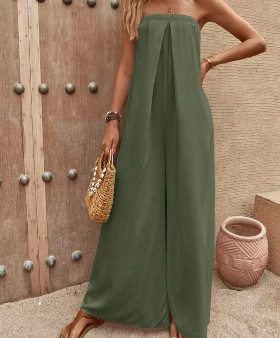 Women’s Jumpsuit – Strapless Bandeau Top – Relaxed Fit – Wide Leg – Lightweight Fabric