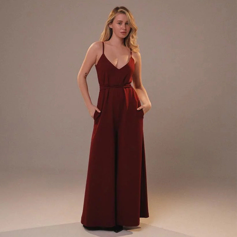 Women’s Jumpsuit – Linen Blend – Loose Fit – Wide Leg – Sleeveless Tie Waist