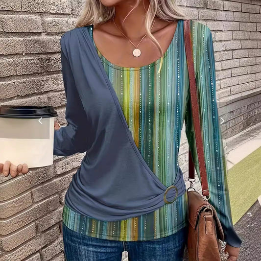 Women’s Long Sleeve Top – Relaxed Fit – Knit – Spliced Stripe Detail – Round Neck
