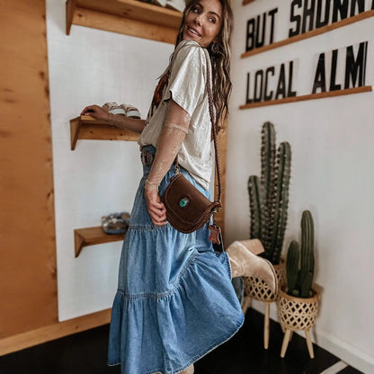 Women’s Denim Skirt – A-Line Fit – Tiered Layers – Button Front – Midi Length Casual