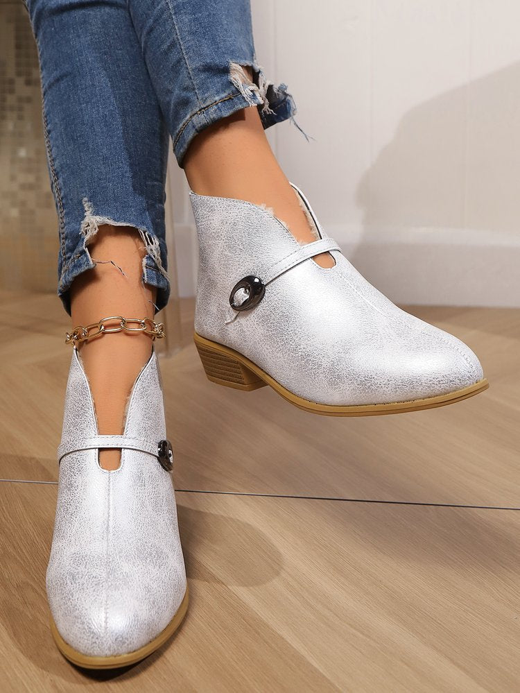 Women’s Ankle Boots – Pointed Toe – Buckle Strap – Low Block Heel – Sleek Fit