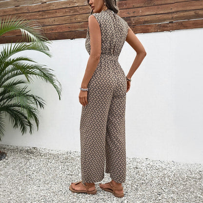 Women’s Jumpsuit – Geometric Print – Sleeveless – Tie Waist – Full Length – Lightweight
