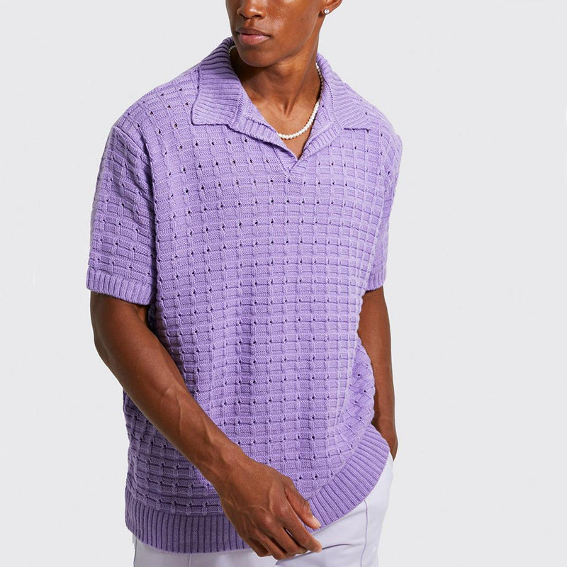 Men’s Knit Polo Shirt – Relaxed Fit – V-Neck – Short Sleeve – Breathable Ribbed Hem