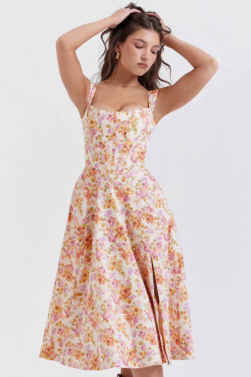 Women's Dress - Floral Print - Corset Bodice - Side Slit - Sleeveless