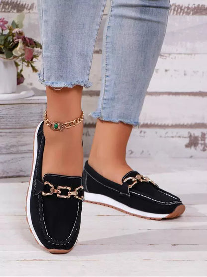 Women’s Loafers – Slip-On – Moc Toe – Suede Look – Platform Sole – Chain Accent