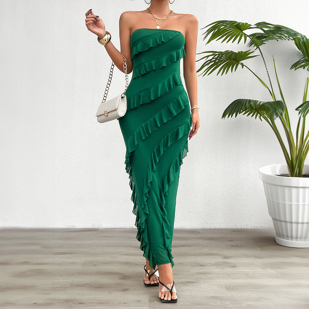 Women’s Strapless Dress – Bodycon Fit – Full Length – Asymmetrical Ruffle Detail