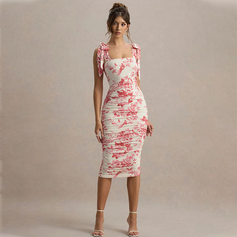 Women’s Bodycon Dress – Slim Fit – Floral Print – Ruched Midi – Tie Shoulder Straps