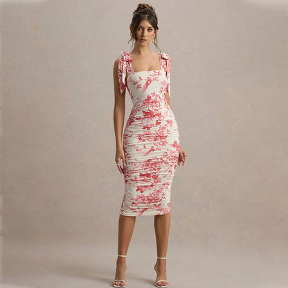 Women’s Bodycon Dress – Slim Fit – Floral Print – Ruched Midi – Tie Shoulder Straps