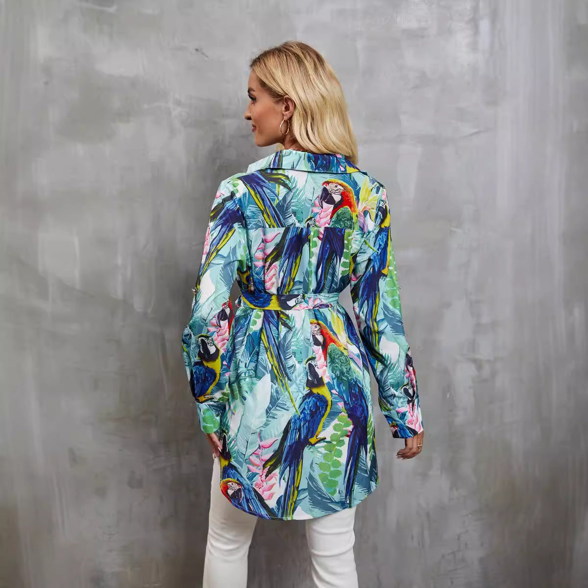 Women’s Long Sleeve Shirt – Tropical Print – Waist Tie – Button Down – Relaxed Fit