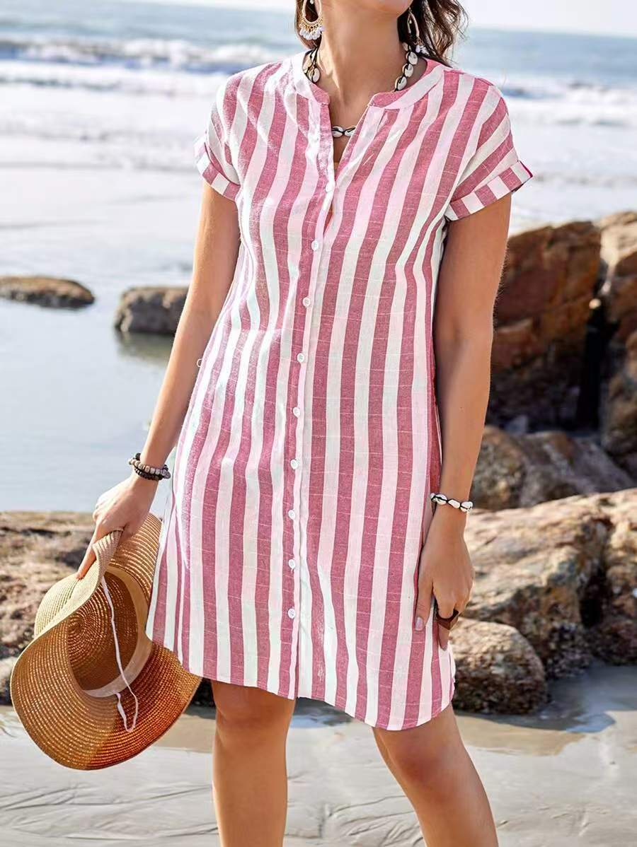 Women’s Shirt Dress – Relaxed Fit – Button Front – Vertical Stripes – Breathable Blend