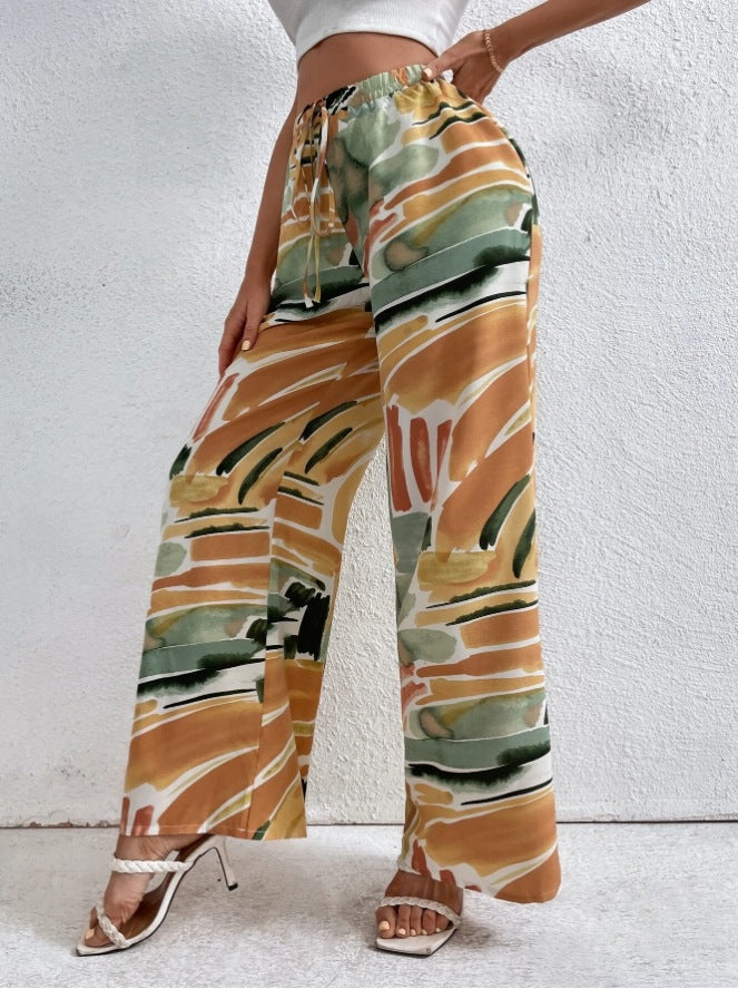 Women’s Wide-Leg Pants – Abstract Print – Full Length – Elastic Waist – Relaxed Fit