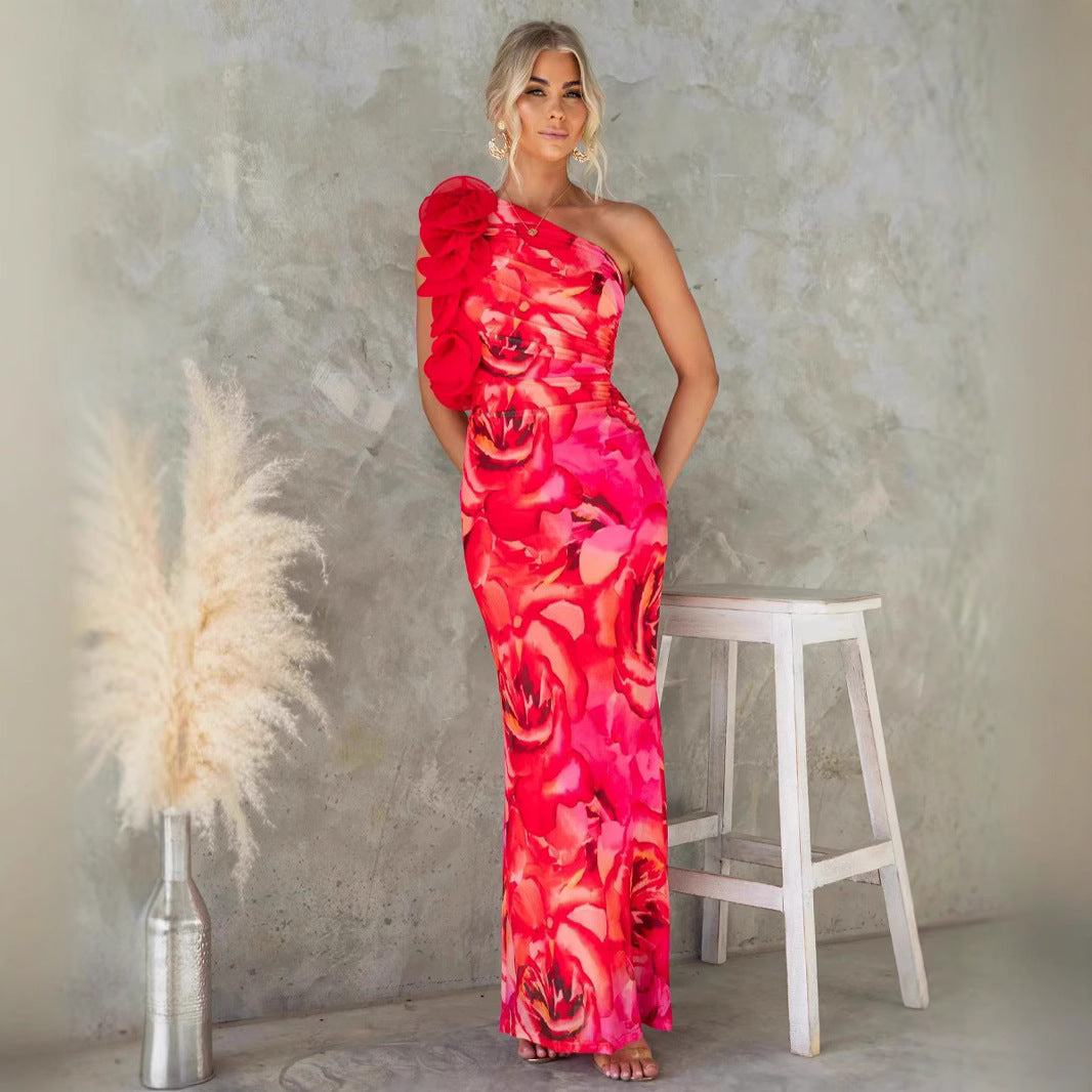 Women’s Midi Dress – Slim Fit – One Shoulder – 3D Floral Strap – Satin Finish