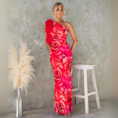 Women’s Midi Dress – Slim Fit – One Shoulder – 3D Floral Strap – Satin Finish