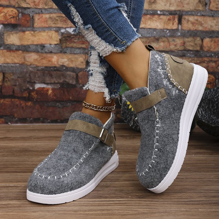 Women’s Ankle Boots – Slip-On Comfort – Buckle Strap – Textured Finish – Casual Fit