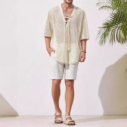 Men’s Mesh T-Shirt – Relaxed Fit – Lace-Up Chest – Mid Sleeve Breathable Casual Wear