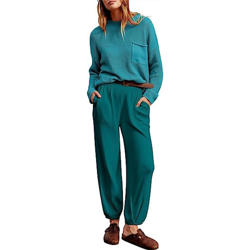Women’s Two-Piece Set – Soft Knit Top – Elastic Waist Joggers – Relaxed Fit