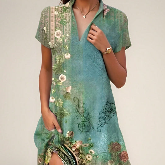 Women’s Maxi Dress – Bohemian Print – Loose Fit – Cotton Blend – Short Sleeve