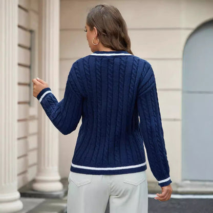 Women’s V-Neck Sweater – Relaxed Fit – Cable Knit – Soft Knit – Ribbed Trim