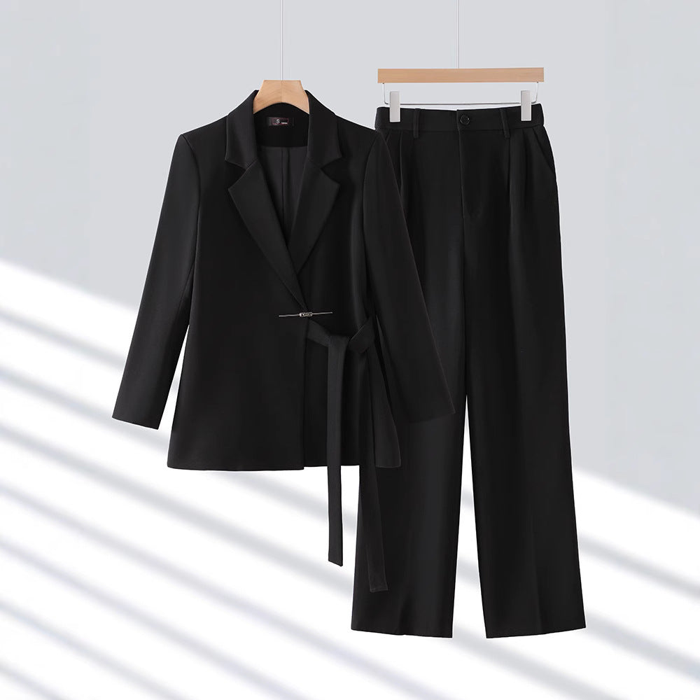 Women’s Blazer Trousers Set – Tailored Fit – Belted Waist – Wide-Leg Pleated Pants