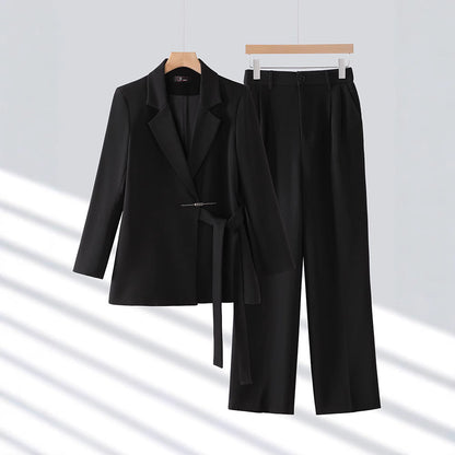 Women’s Blazer Trousers Set – Tailored Fit – Belted Waist – Wide-Leg Pleated Pants