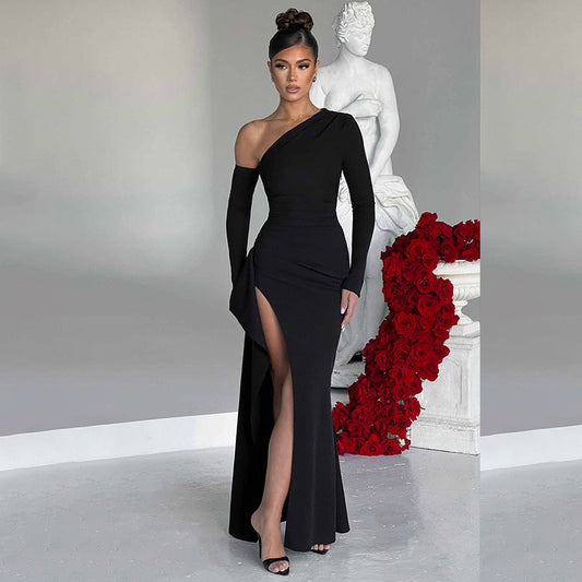 Women’s Maxi Dress – Slim Fit – One Shoulder – High Slit – Long Sleeve
