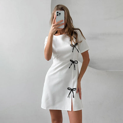 Women’s A-Line Dress – Mini Length – Short Sleeve – Bow Detail – Elegant Fit