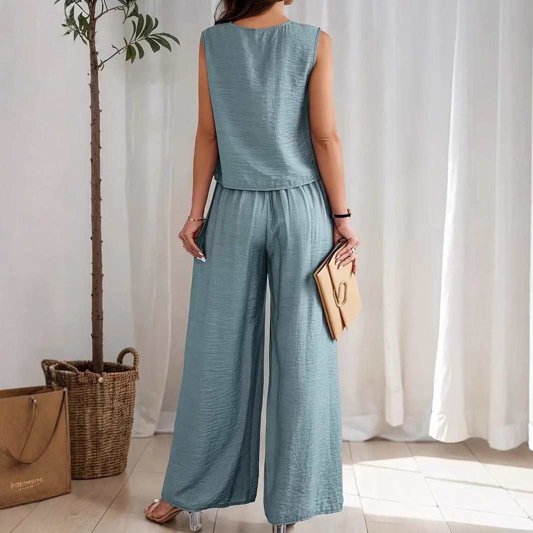 Women’s Wide-Leg Pants – High Waist – Pleated Front – Elastic Waist – Full Length