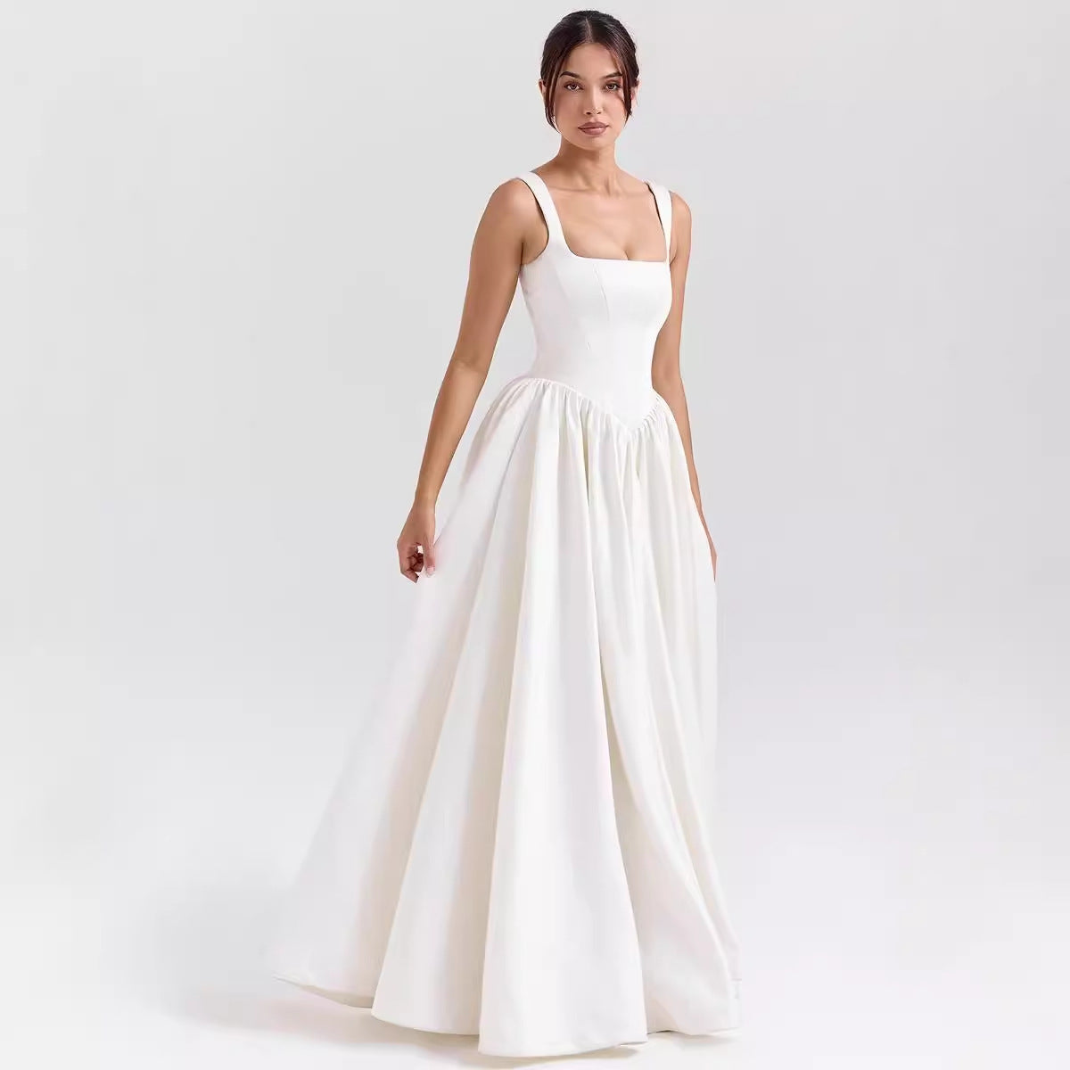 Women’s Maxi Dress – Square Neckline – Fitted Waist – Flared Skirt – Cotton Fabric