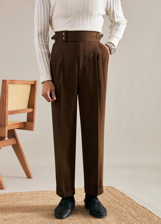 Men's High-Waisted Business Casual Trousers with Pleats and Side Adjusters