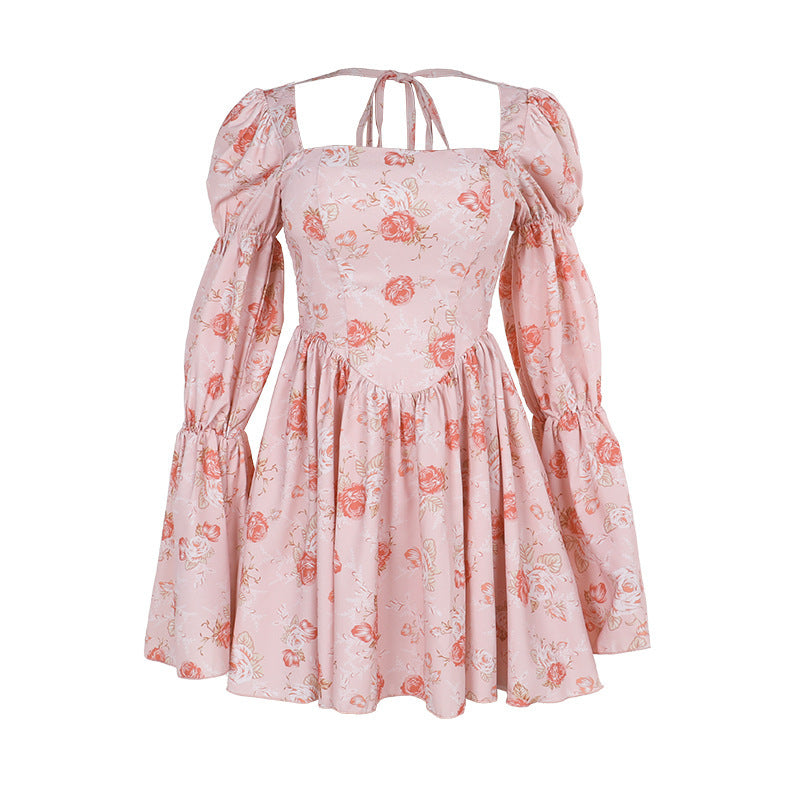 Women’s Mini Dress – Floral Print – A-Line Fit – Puffed Sleeves – Square Neckline