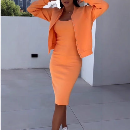 Women’s Two-Piece Set – Slim Fit Slip Dress with Oversized Button Jacket – Midi Length