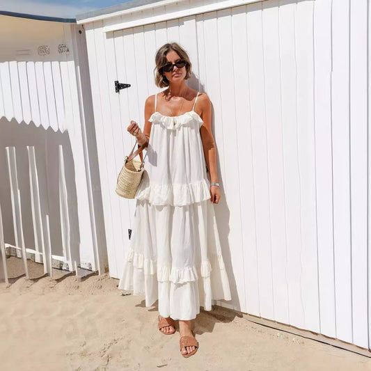 Women’s Maxi Dress – Lightweight Cotton Blend – Flowy Fit – Ruffle Neck – Tiered Skirt