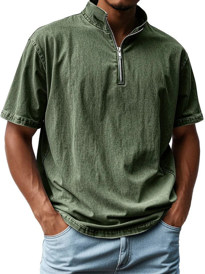 Men’s Short Sleeve Shirt – Fitted Cut – Stand Collar – Zip Front – Breathable Blend