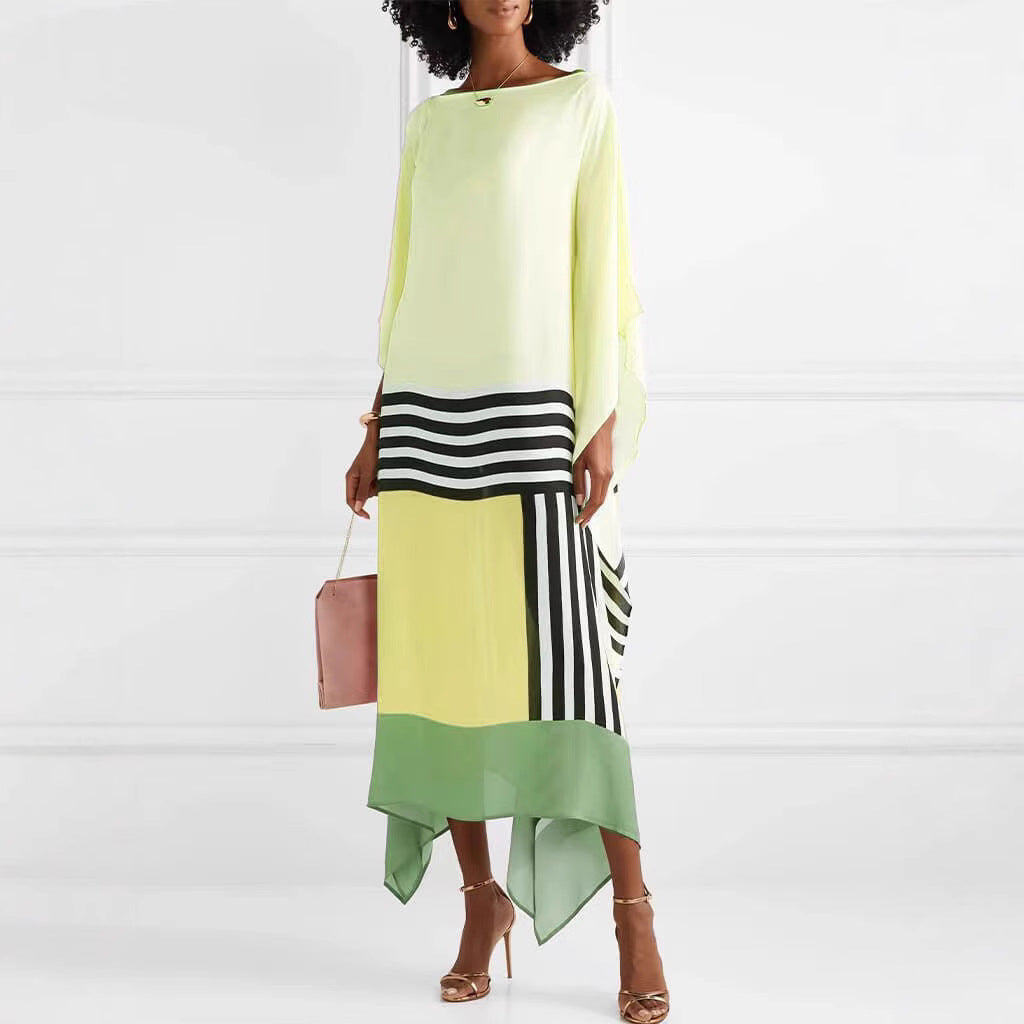 Women’s Maxi Dress – One Shoulder – Loose Fit – Asymmetrical Hem – Striped Panels