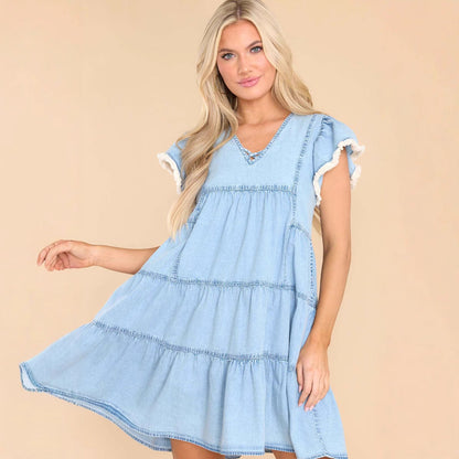 Women’s Denim Dress – A-Line Mini – Relaxed Fit – Short Sleeve Ruffle Detail