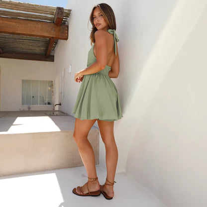 Women’s Halter Neck Dress – Cotton Linen Blend – Flared Mini – Open Back Fit