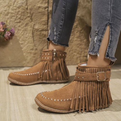 Women’s Ankle Boots – Suede Look – Fringe Detail – Metal Studs – Flat Sole Zip