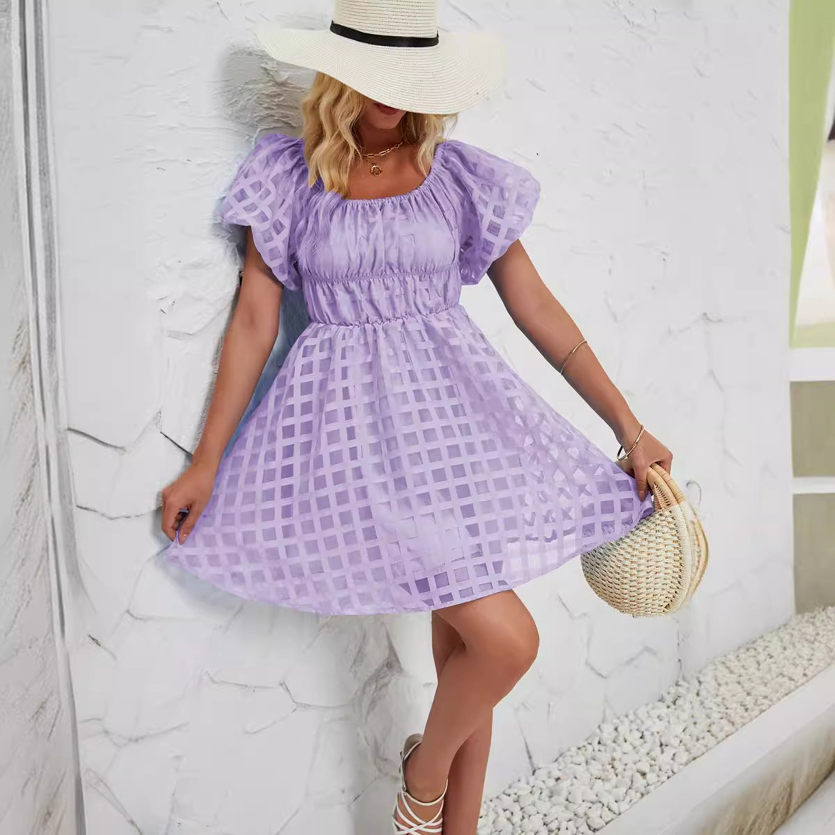 Women’s Mini Dress – A-Line Fit – Puff Sleeves – Square Neck – Breathable Blend