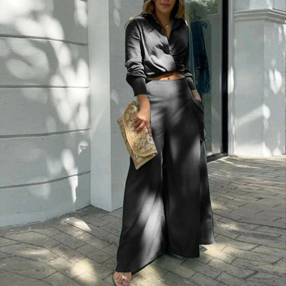 Women’s Two-Piece Set – Tailored Blouse – High-Waisted Wide-Leg Pants – Cotton Blend