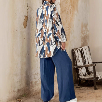 Women’s Two-Piece Set – Relaxed Fit – Long-Sleeve Cotton Shirt – Wide-Leg Pants