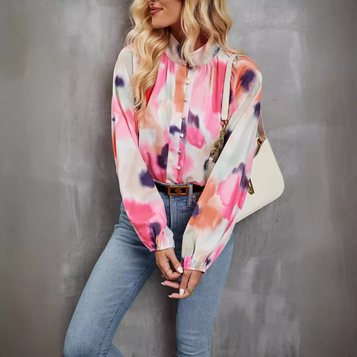 Women’s Long Sleeve Shirt – Relaxed Fit – Button Down – Artistic Print – Lightweight