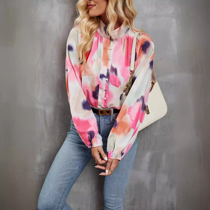 Women’s Long Sleeve Shirt – Relaxed Fit – Button Down – Artistic Print – Lightweight